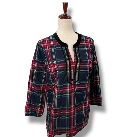 Talbots Plaid Top Size Medium Red Blue Tartan Popover Blouse Velvet Trim Holiday - Picture 2 of 8